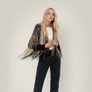 Nasty Gal Icon Tassel Beaded Metallic Fringe Jacket Western Festival Concert, 6